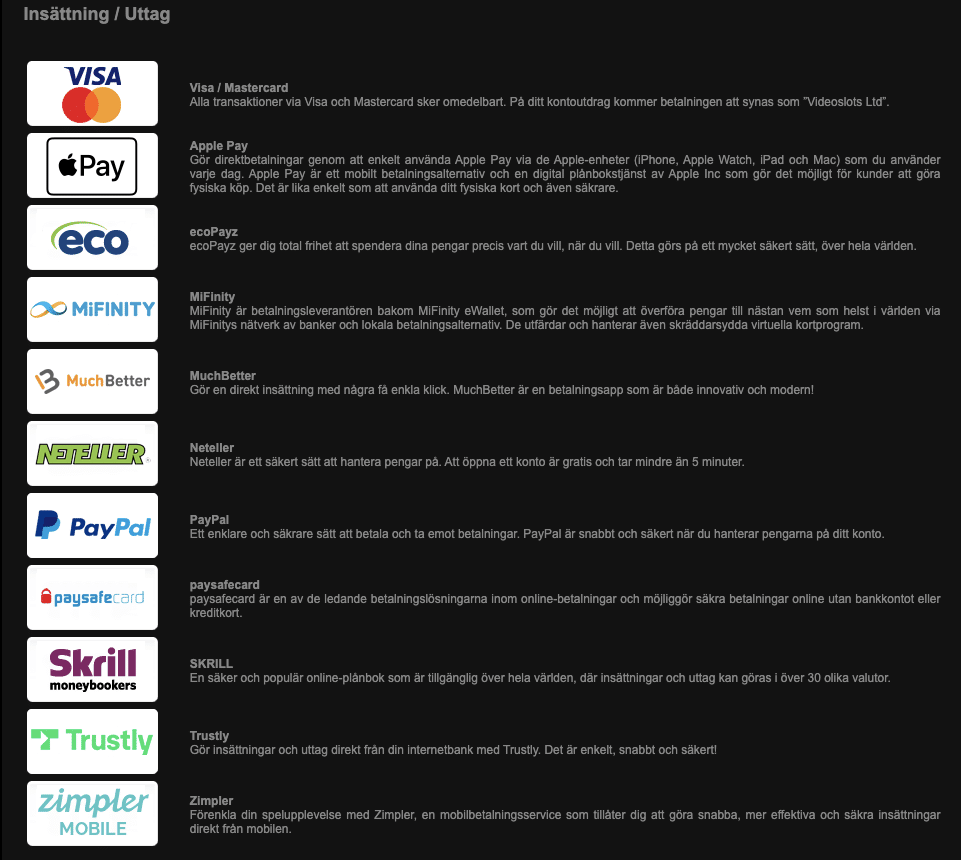 Betalningsmetoder på Videoslots
