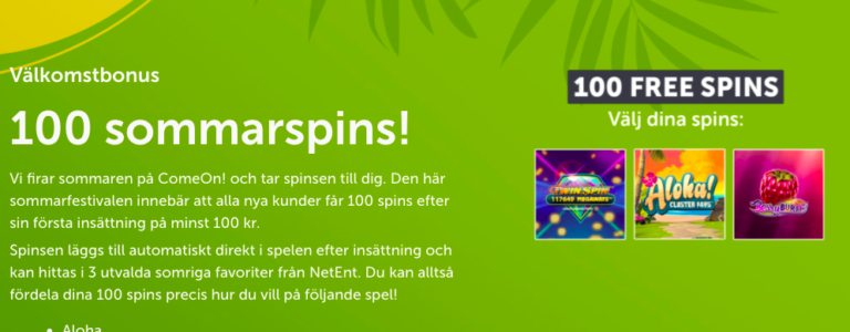 comeon ny bonus 100 free spins netent omsattningsfritt casivo se