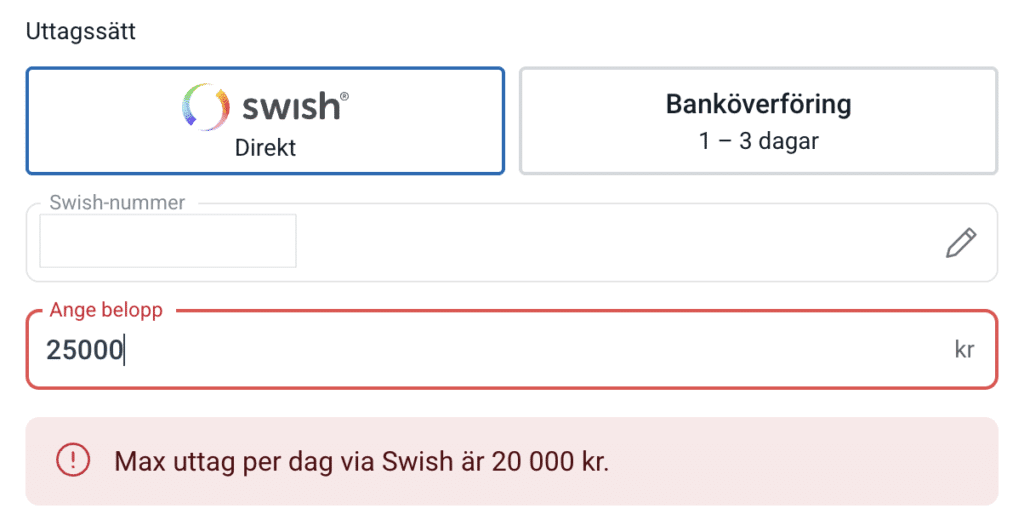 max uttag på swish casinon