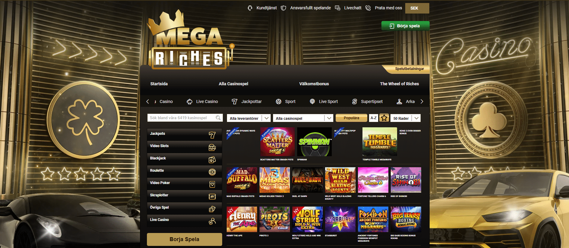 Mega Riches Casino game lobby interface