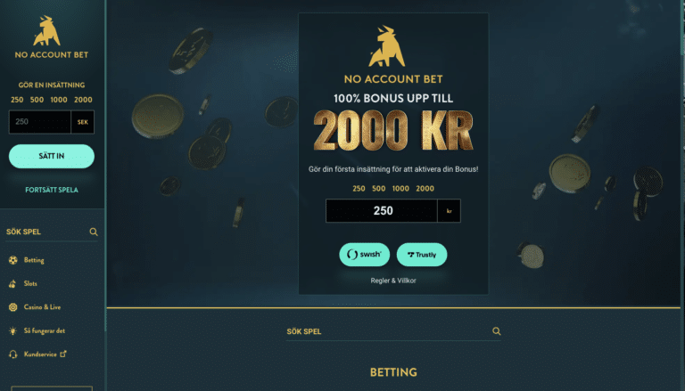 No Account Bet startsida