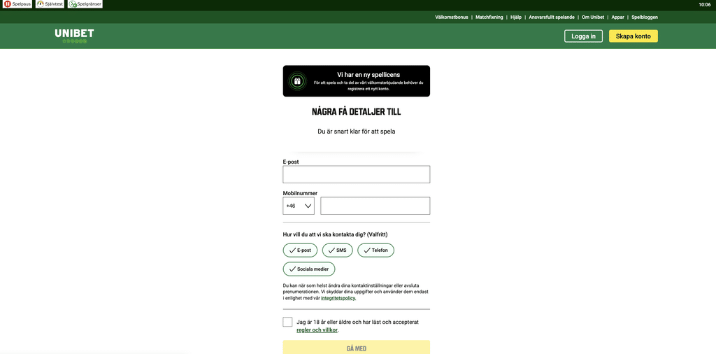 skapa konto Unibet