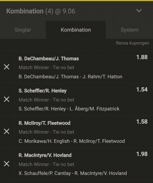 Ryder cup dag 1 oddslapp