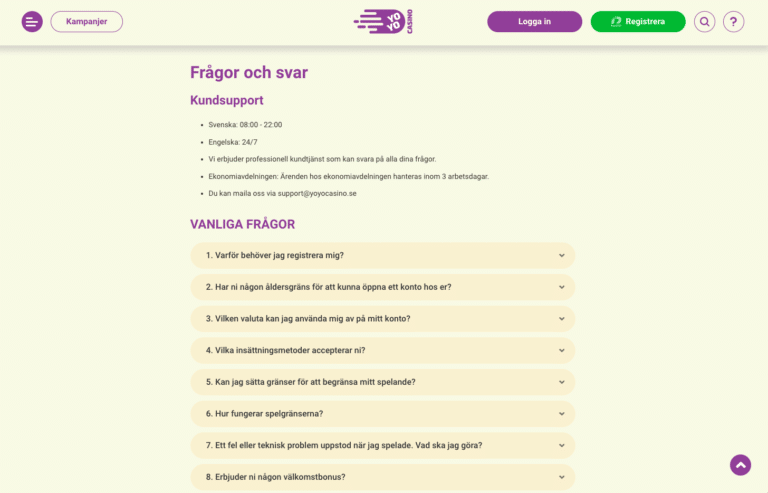 yoyo casino frågor och svar sektion
